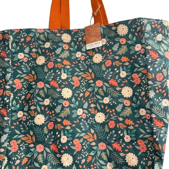 Floral Tote Bag with Orange Handles - Picture 9 of 15